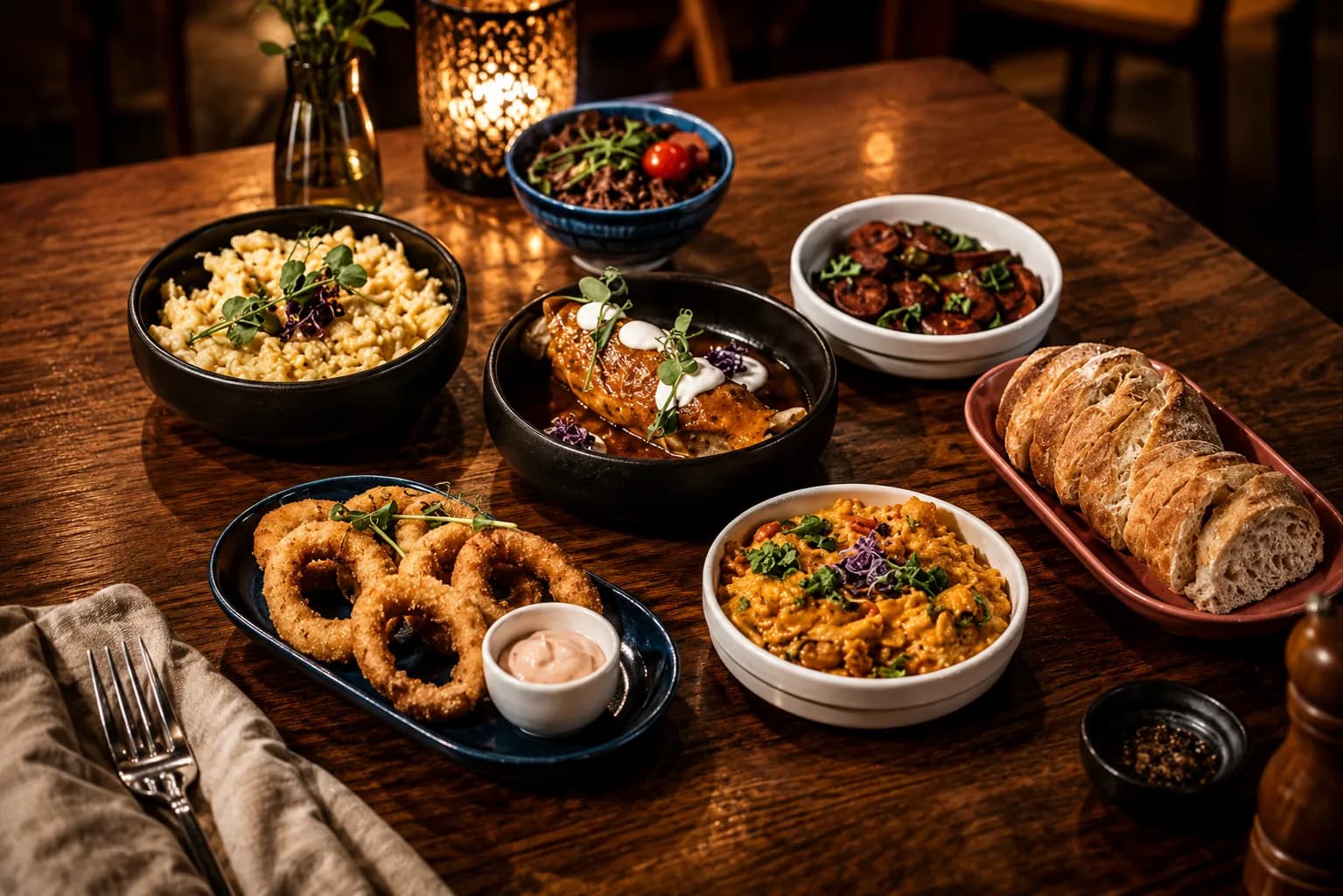 Hungarian tapas plates shared in the middle of the table at Pause Kitchen & Bar, Váci utca 63, Budapest
